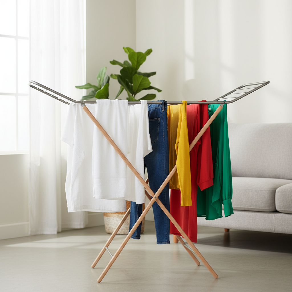 Freshly washed clothes on a rack showing whites and colors with a clean, bright look
