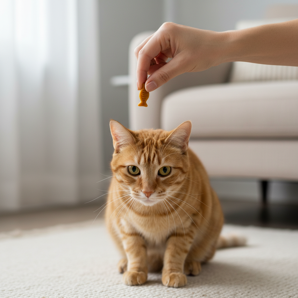 Hand signal for teaching a cat to sit with a treat lure