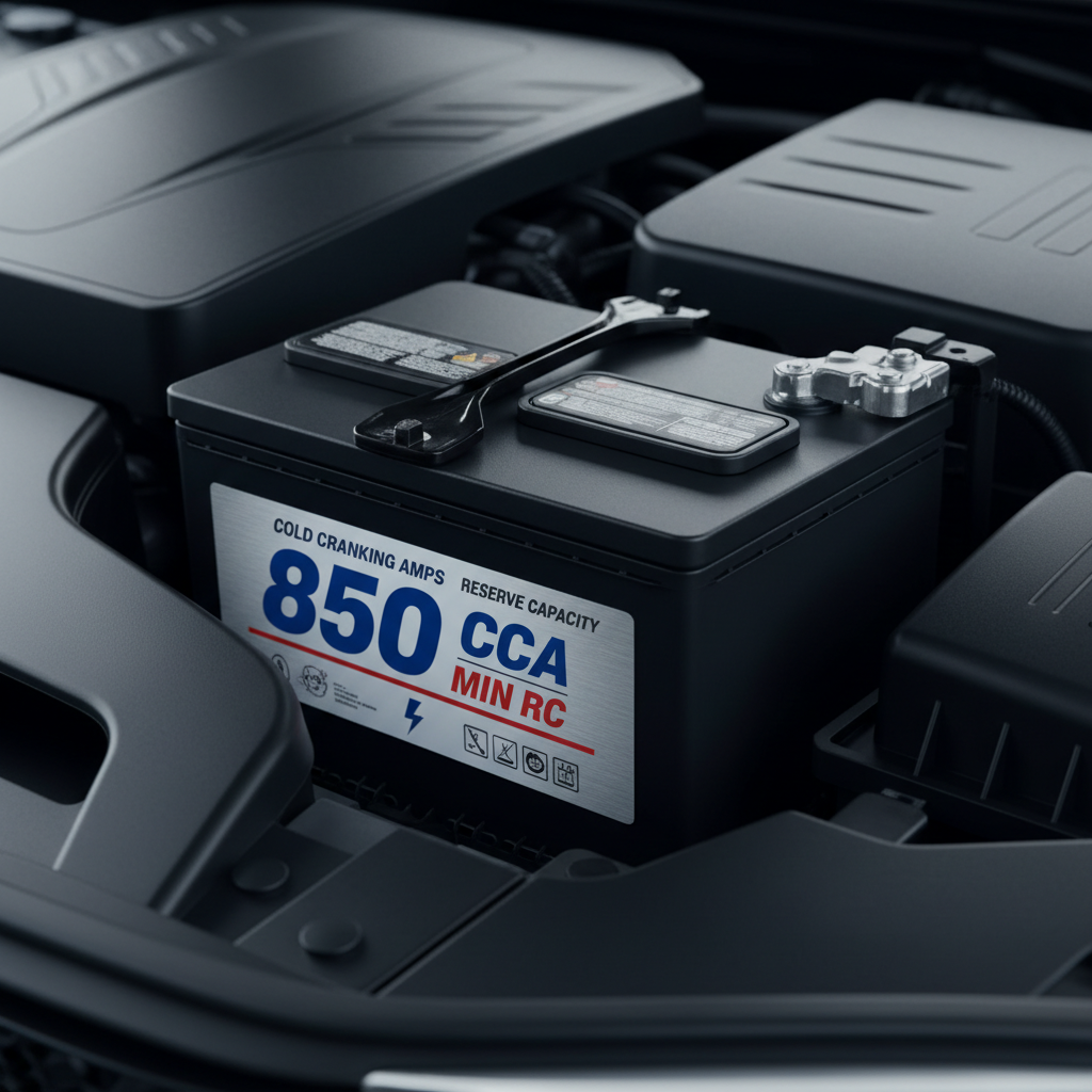 Close-up of car battery label showing CCA and reserve capacity specifications