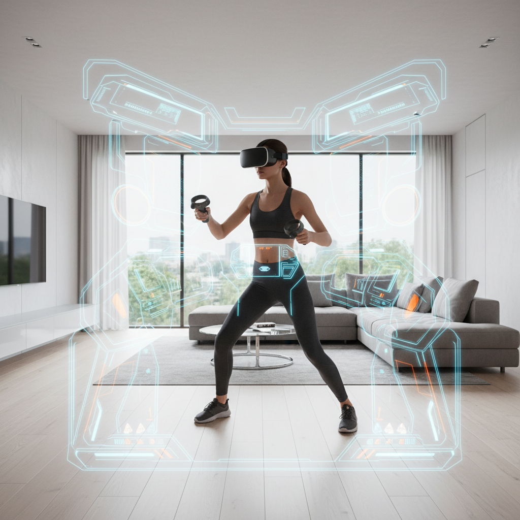 VR player using motion controllers in a mech simulation setup