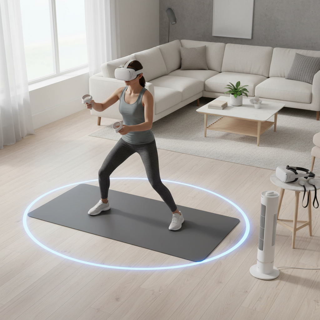VR fitness setup in a living room with headset and workout mat