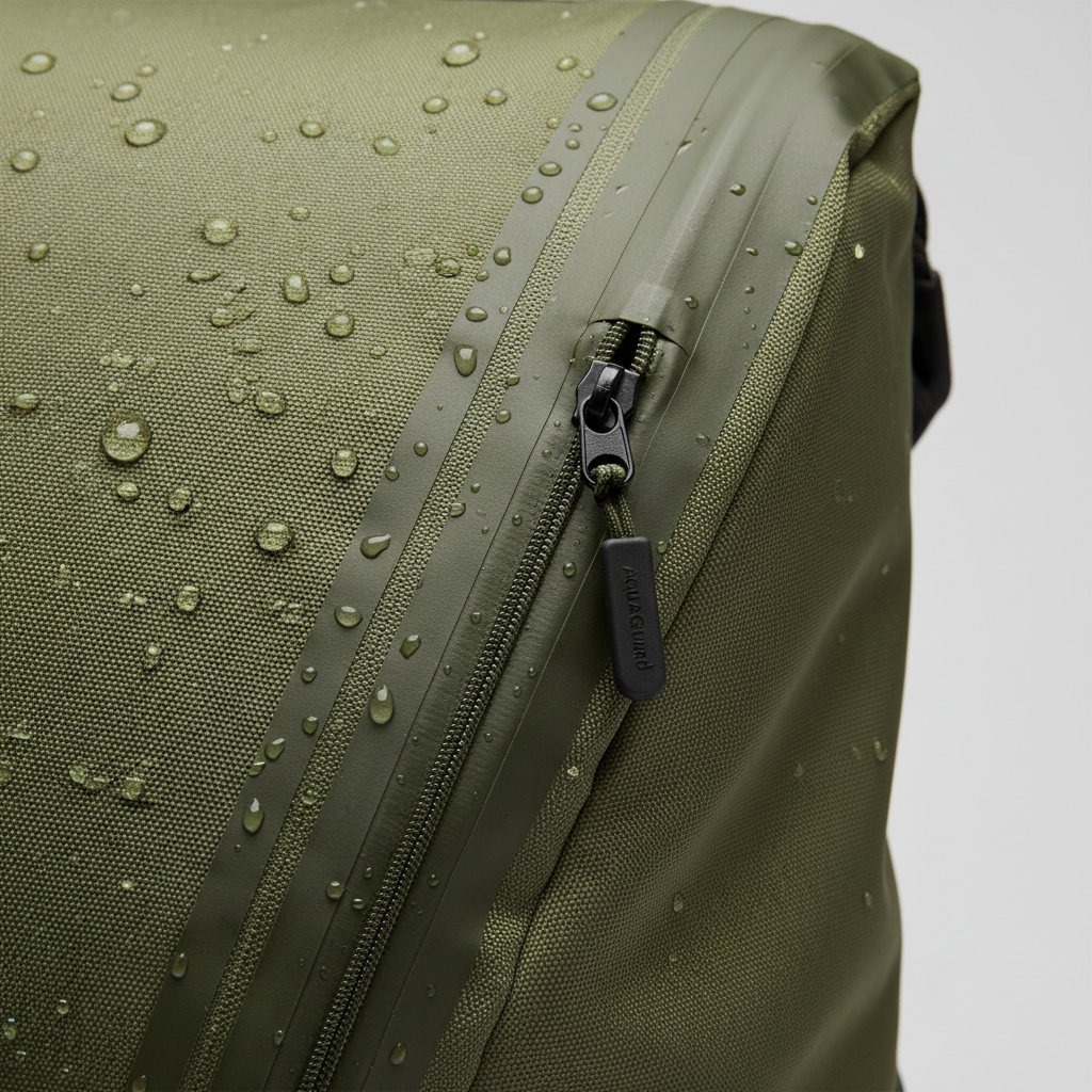 Close-up of waterproof backpack zippers seams coated fabric