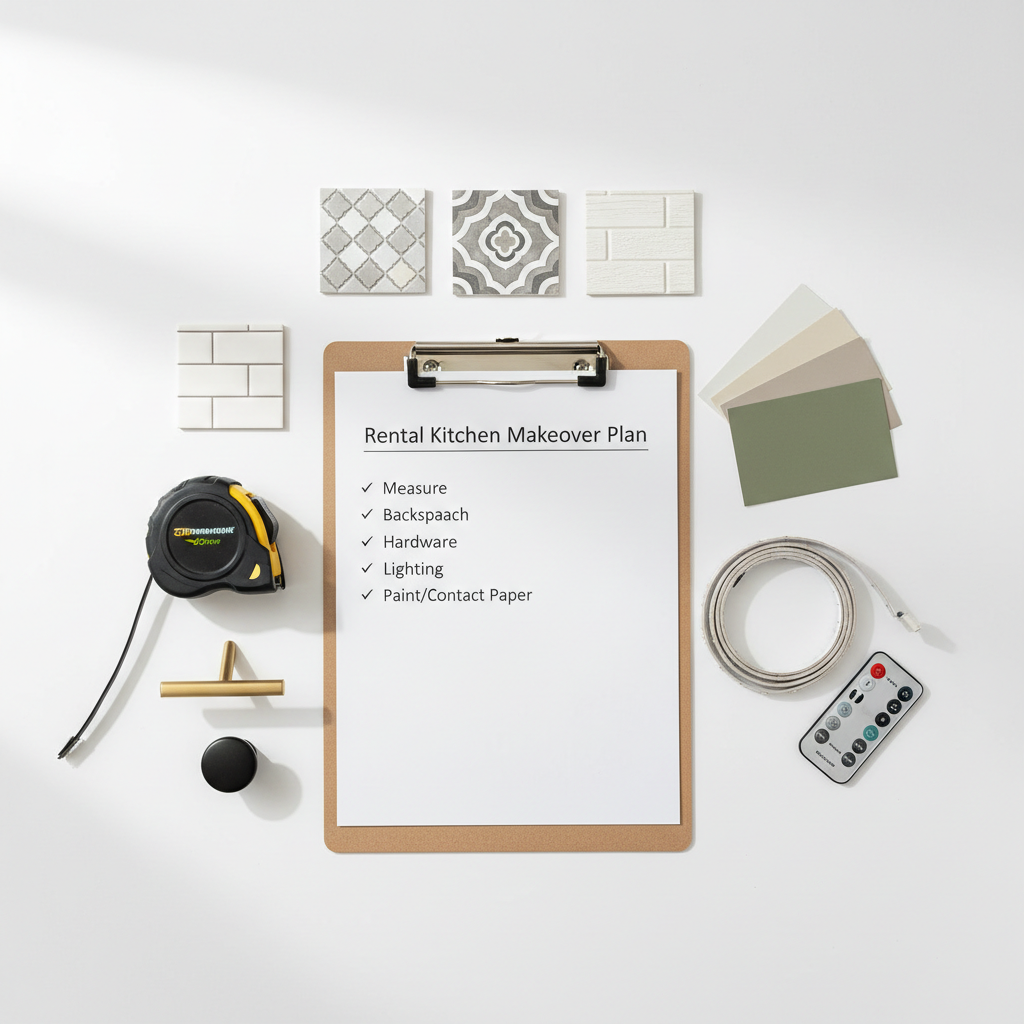 Budget-friendly rental kitchen planning checklist on a clipboard with tools and samples