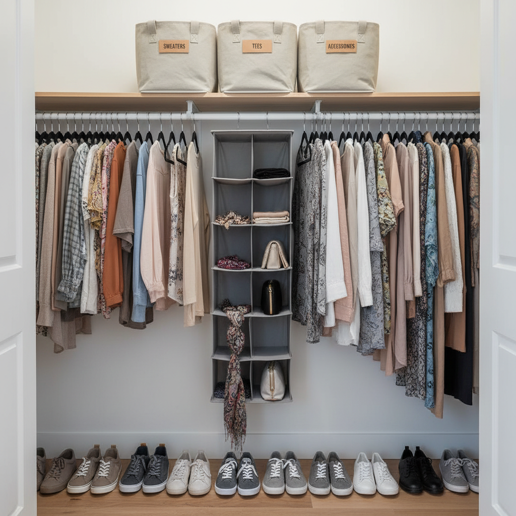 Small budget-friendly closet organization with labeled bins and slim hangers
