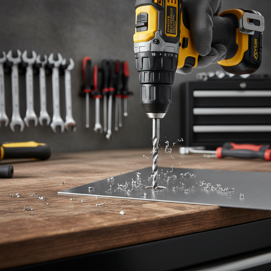 Step drill bit drilling a clean hole in sheet metal on a workbench