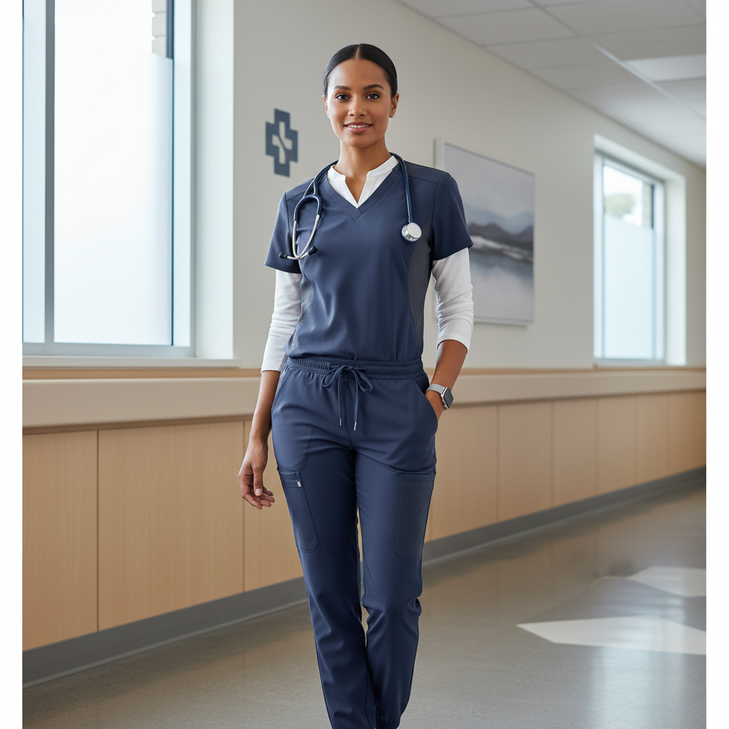 Fashionable scrub outfit with neutral tones and clean fit