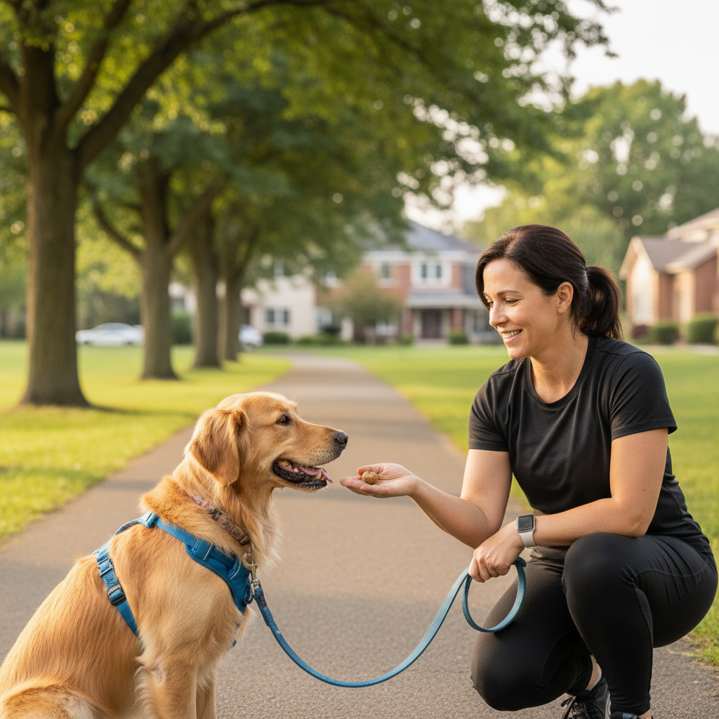 Owner rewarding dog with treat for loose-leash walking during training