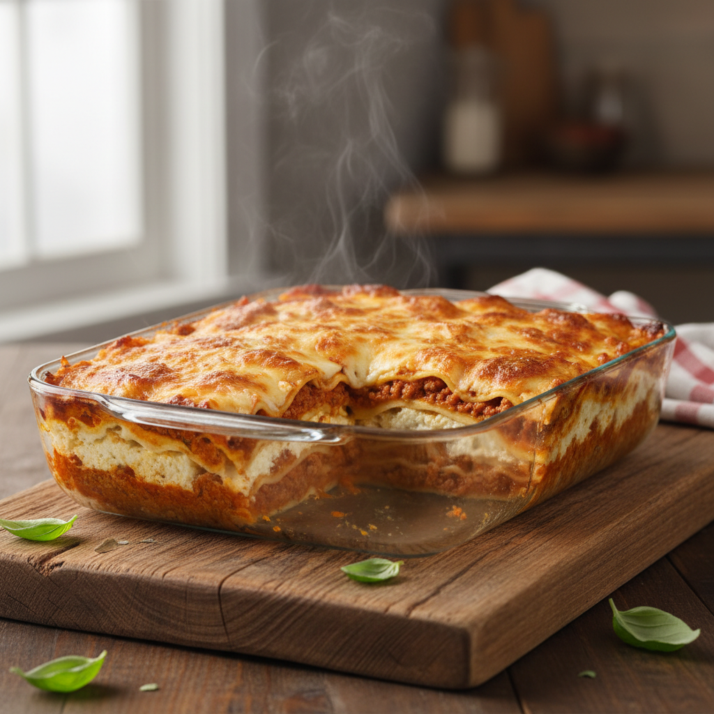 Baked lasagna resting before slicing with clean layers visible