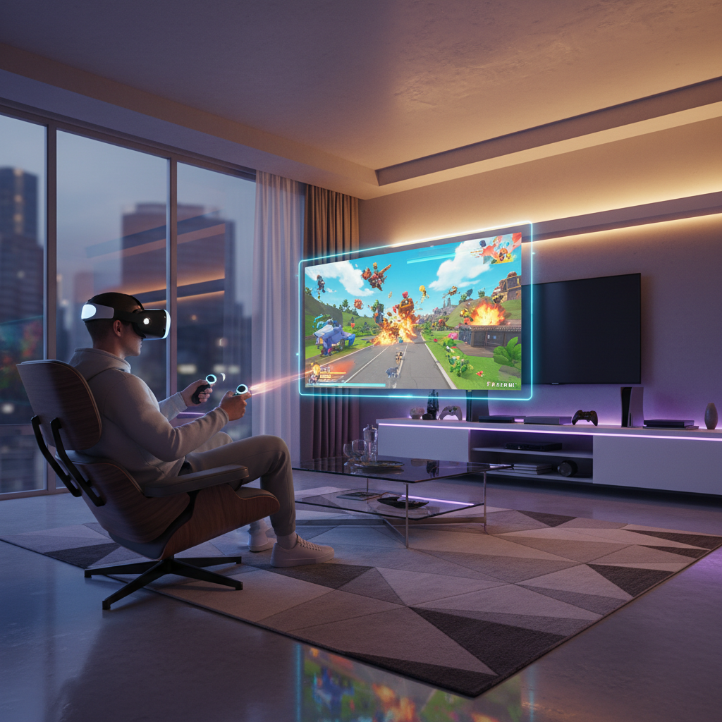 Player using a VR headset with Fortnite on a virtual screen setup