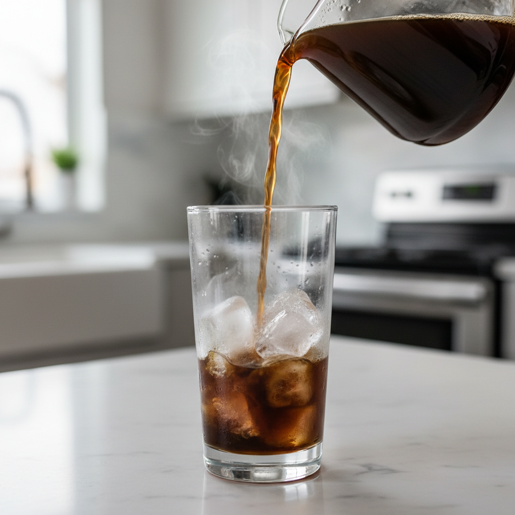 Pouring hot coffee over ice for flash-chill iced coffee