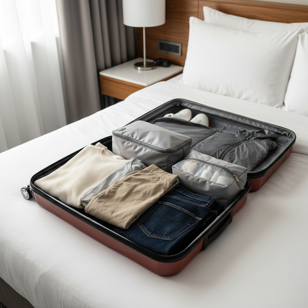 Carry-on suitcase with a compact capsule wardrobe layout for packing light