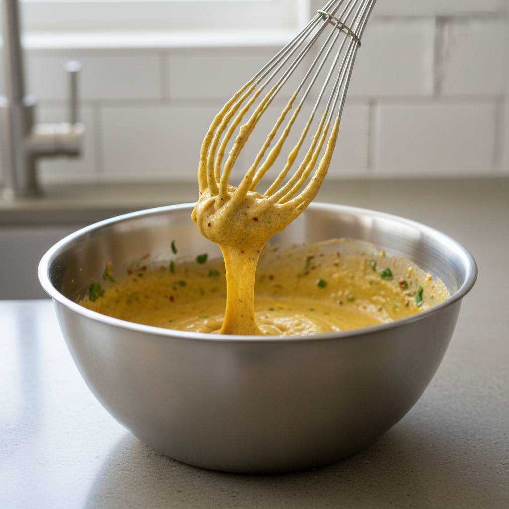 Pakora batter texture showing thick coating consistency in mixing bowl