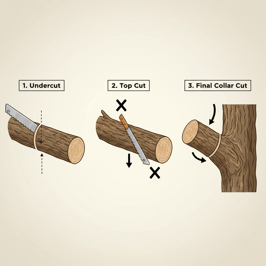 Three-cut method diagram for pruning a thick branch without bark tearing