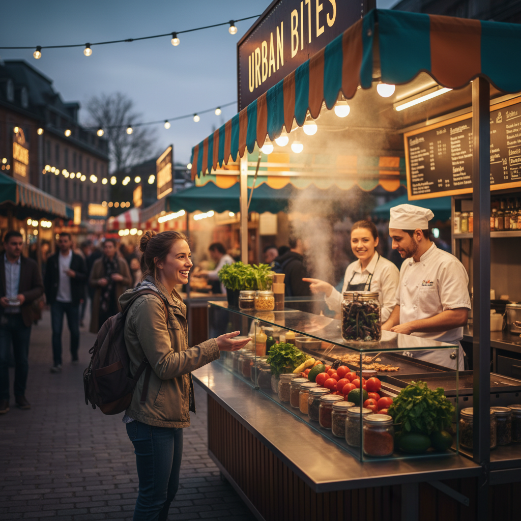 Street food market scene showing affordable local dining while traveling