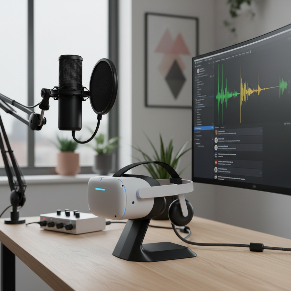 VR streamer desk setup with headset, microphone, and audio interface for clear voice