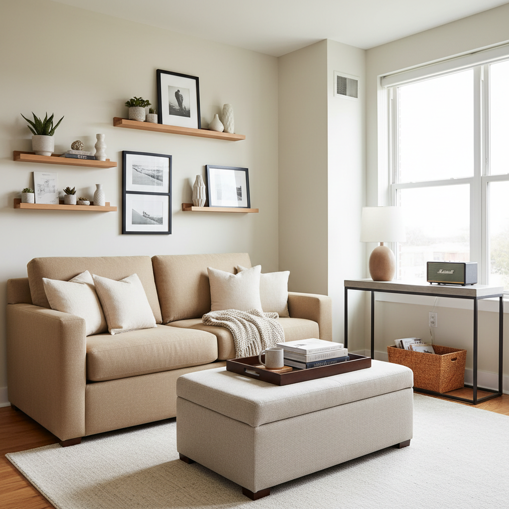 Small apartment living room with smart storage furniture and tidy layout