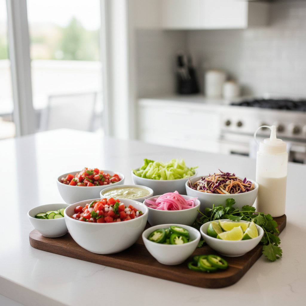 Taco toppings bar with salsa, slaw, crema, and pickled onions