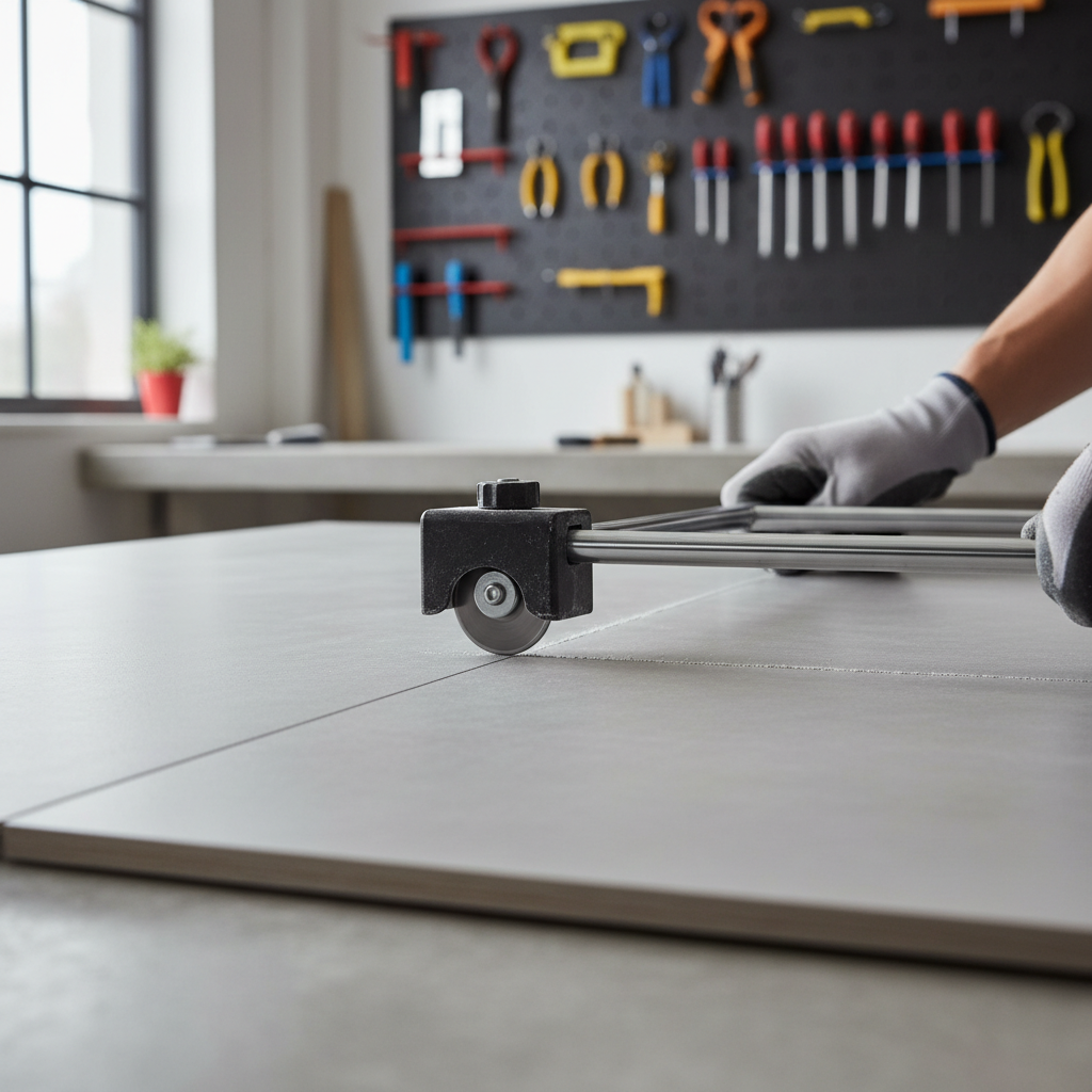 Close-up of scoring a marked ceramic tile line with a manual tile cutter wheel