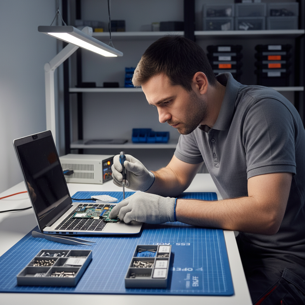 Technician using a precision screwdriver on a laptop with small screws and ESD mat