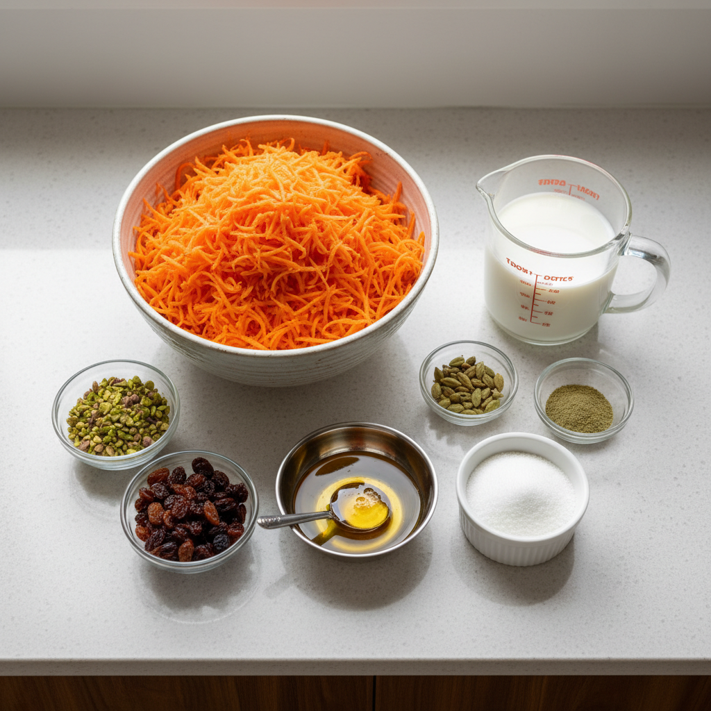 Measured ingredients for gajar ka halwa including carrots, milk, ghee, sugar, and cardamom