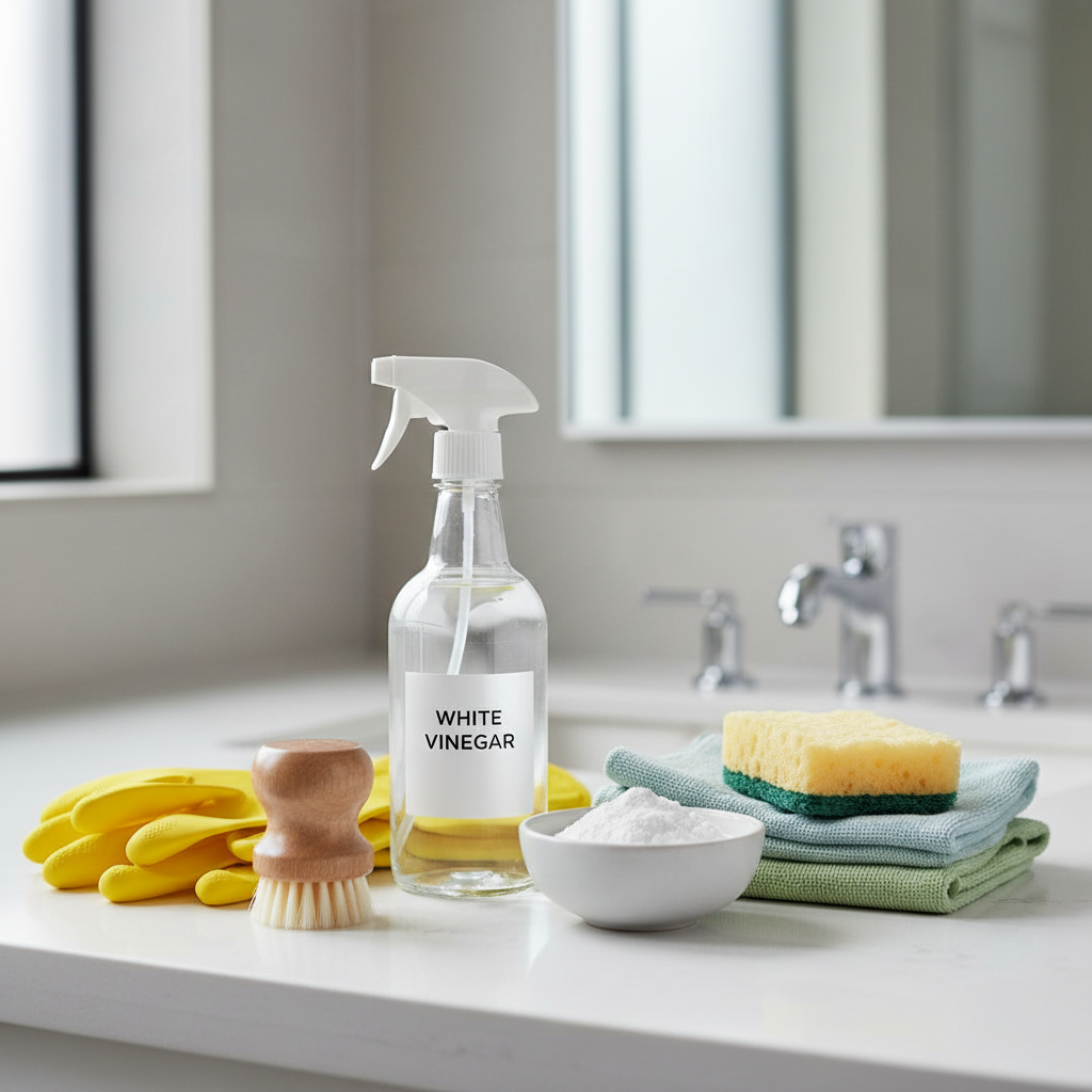 Bathroom rust removal supplies vinegar baking soda microfiber cloth gloves