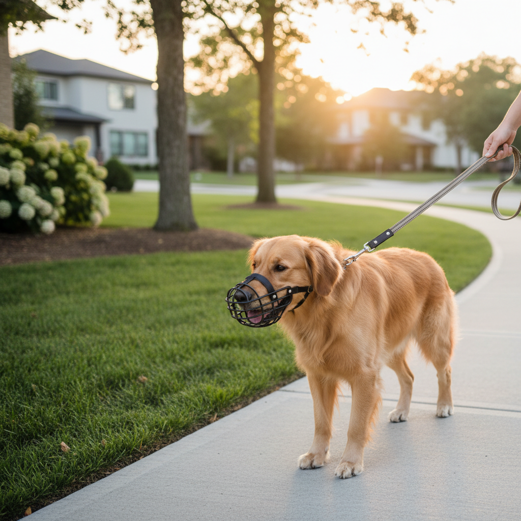 Dog walking past grass while wearing a comfortable basket muzzle for safety