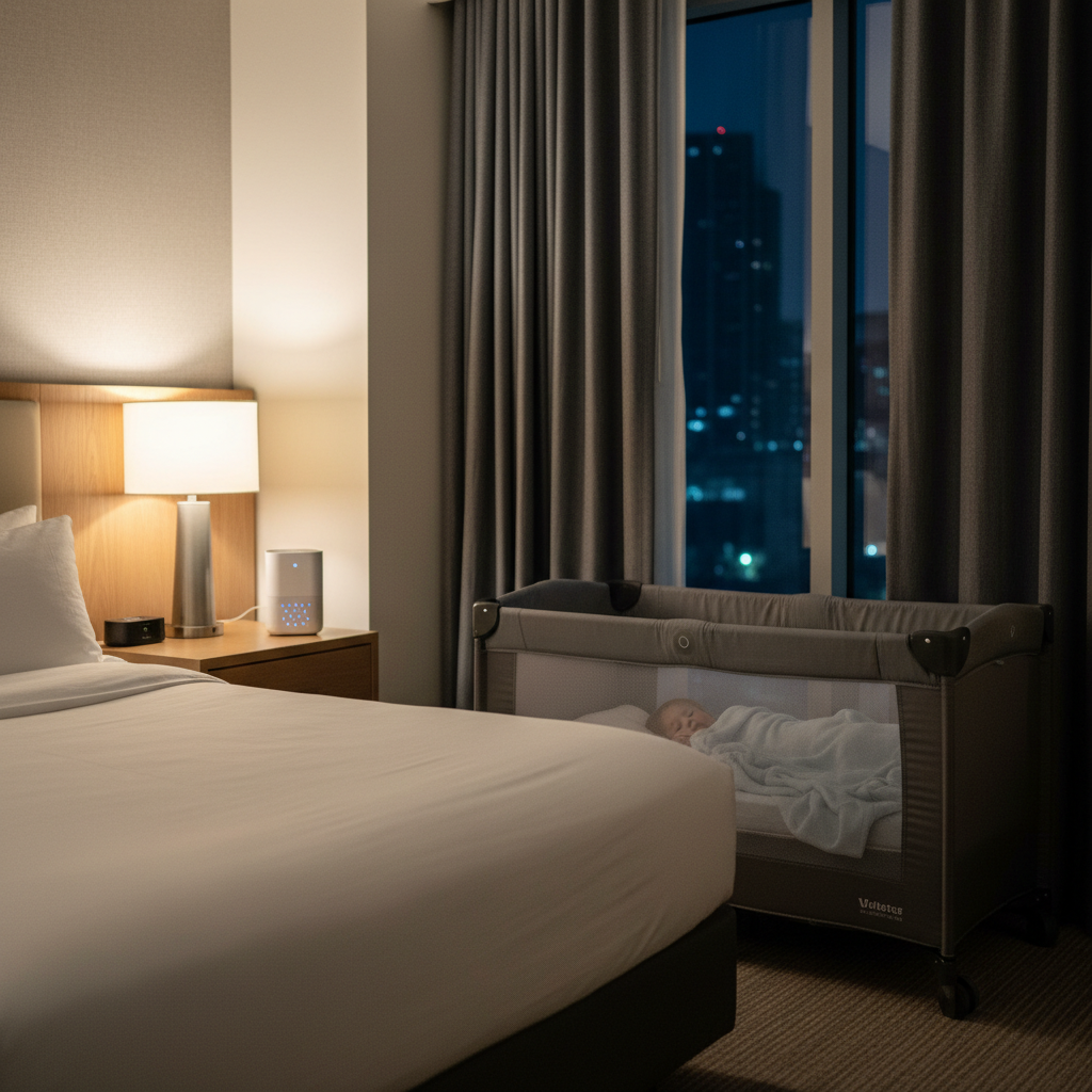 Toddler sleeping in a travel crib with white noise machine in a hotel room