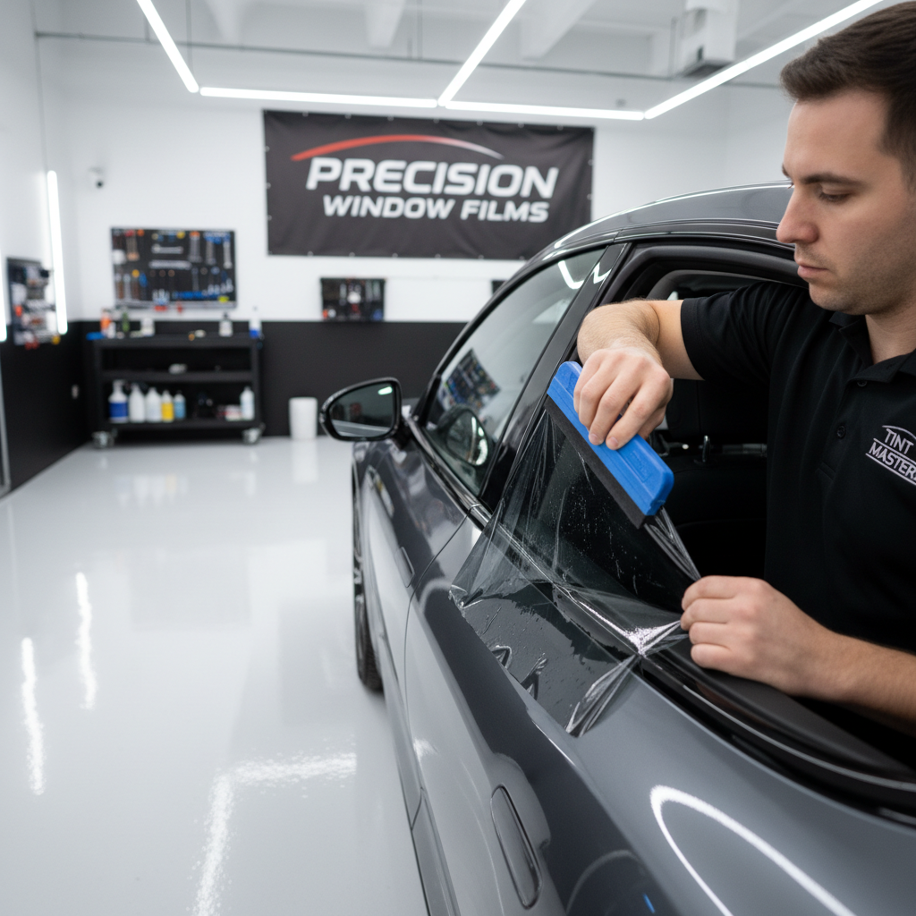 Installer applying car window tint film on a front door window