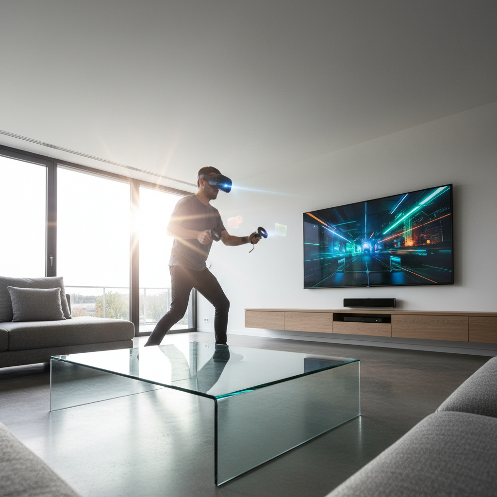 VR headset losing tracking in a home play space with reflective surfaces and bright light