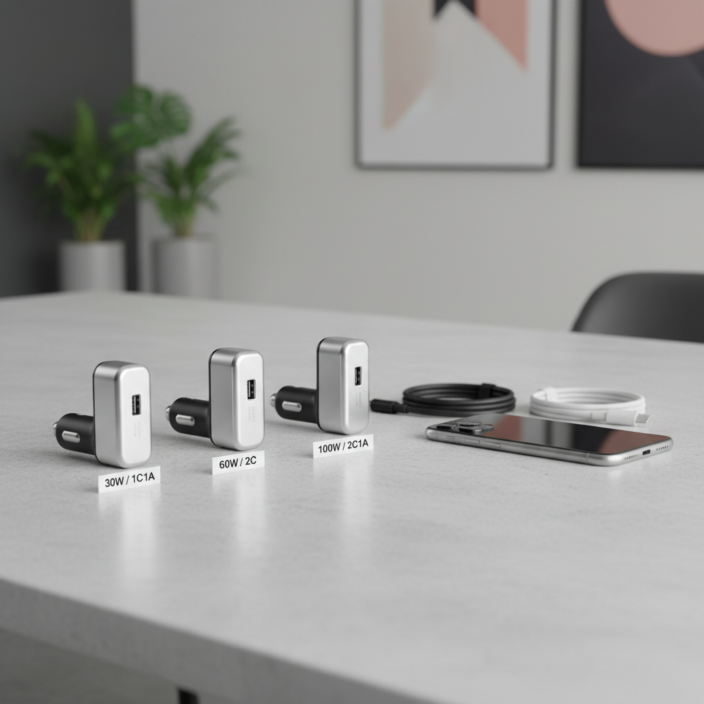 Comparison table concept for iPhone car charger wattage, ports, and USB-PD