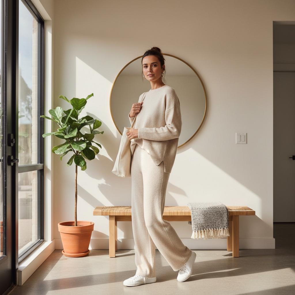 Woman styling a loungewear set with sneakers and a tote for errands