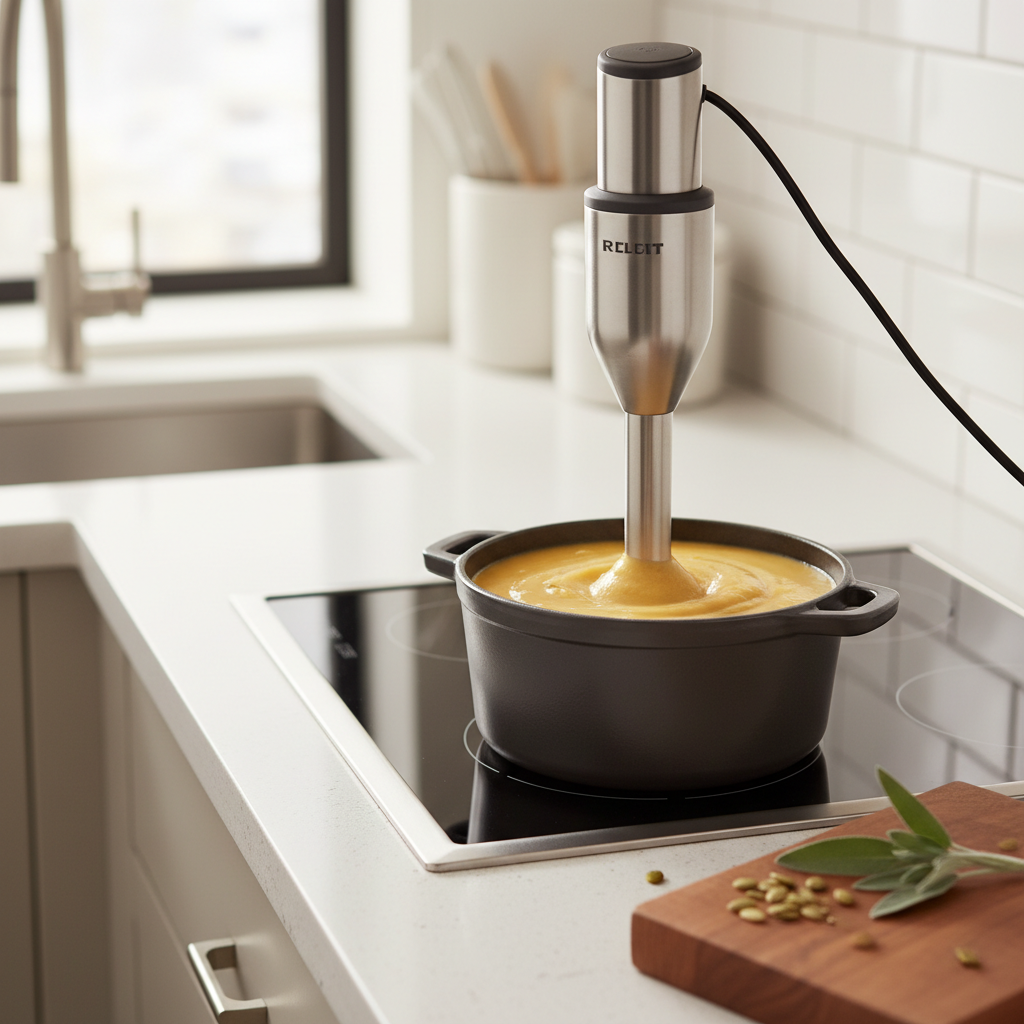 Immersion blender pureeing soup in a small pot on a compact stove
