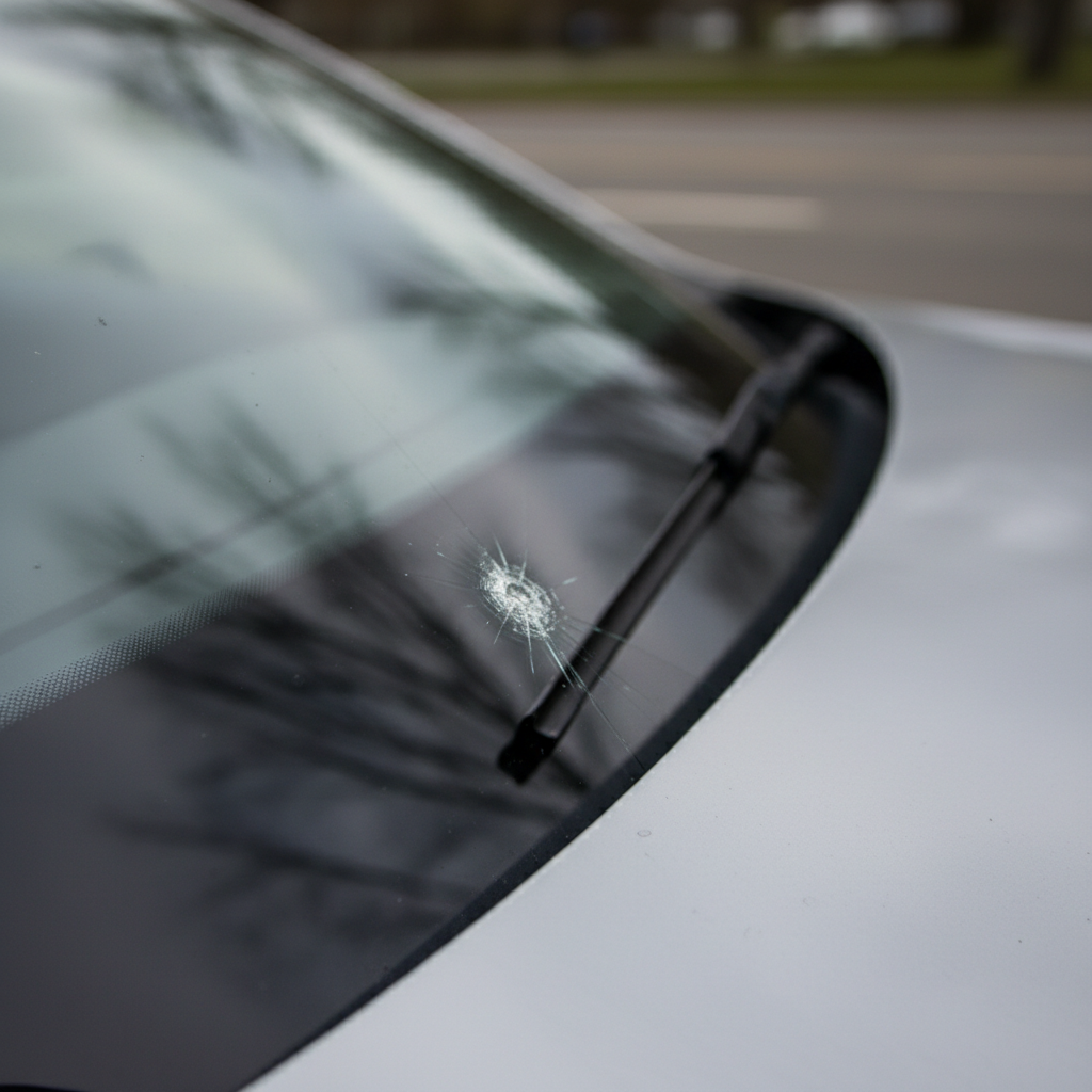 Close-up of a small windshield chip on auto glass in daylight