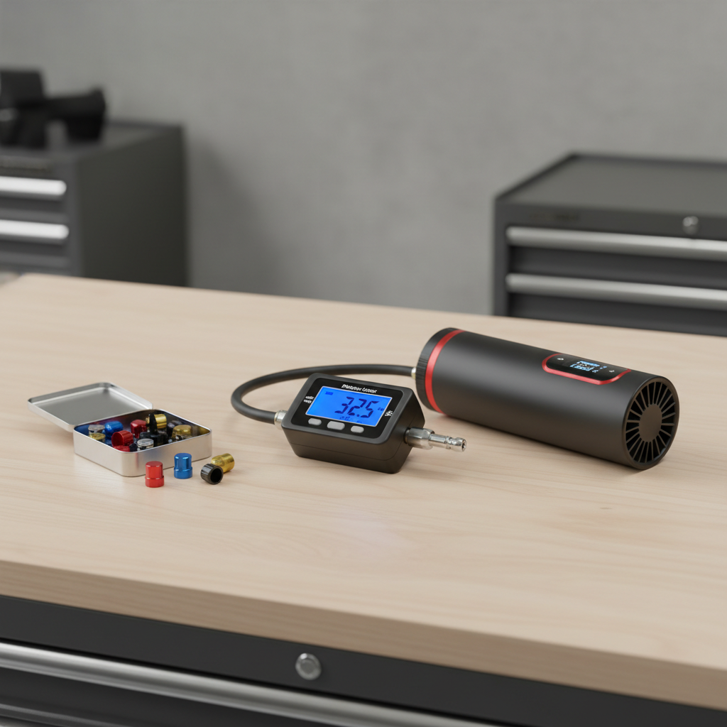 Digital tire pressure gauge, valve stem caps, and portable inflator on a workbench
