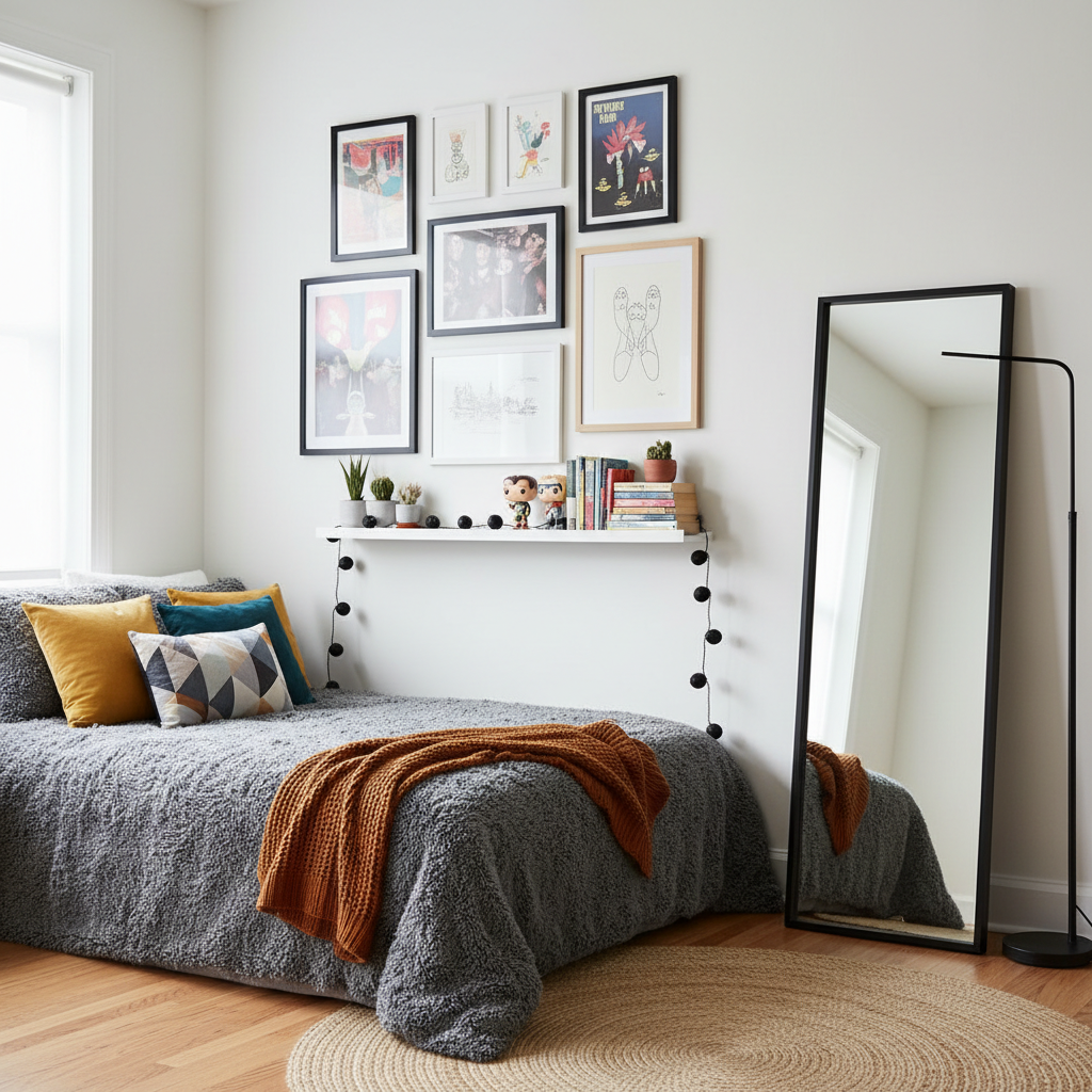 Budget DIY gallery wall and poster frames in a small teen bedroom