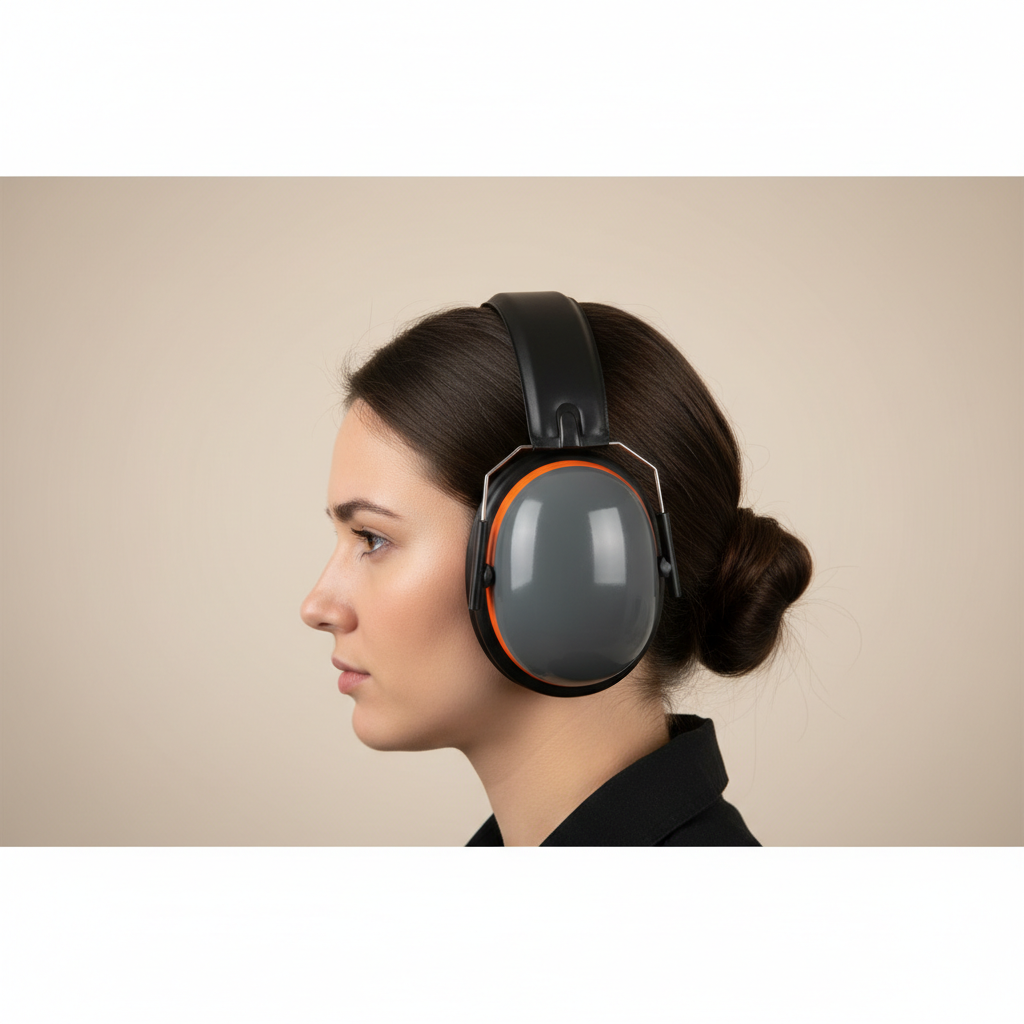 Close-up of ear muffs positioned correctly with a full seal around the ear