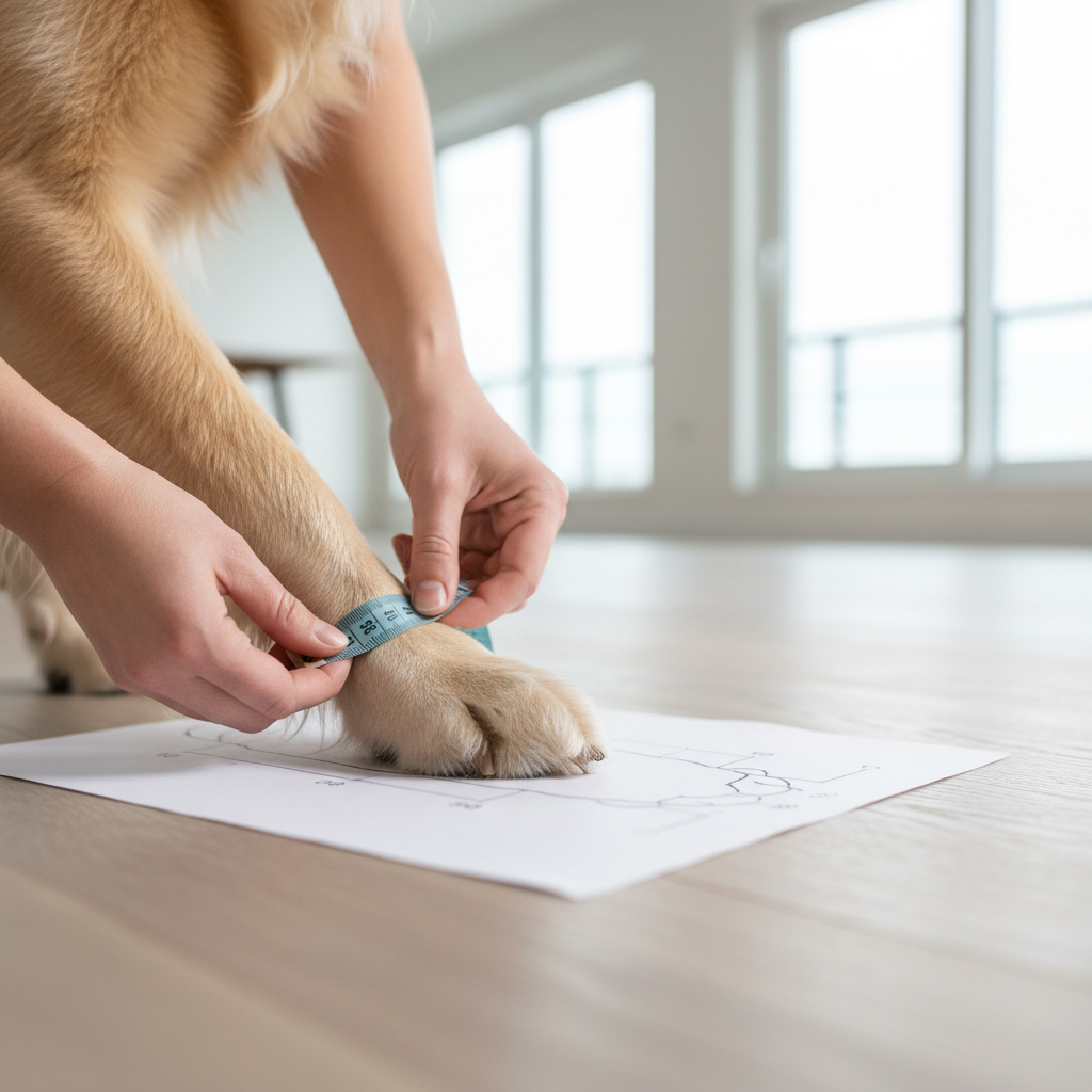 Close-up of measuring a dog paw for winter boot sizing with a tape measure