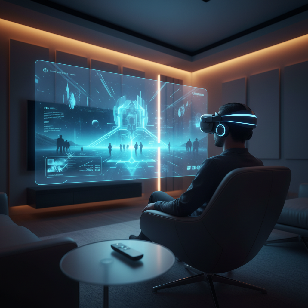 VR player experiencing a story-driven scene in a sci-fi environment