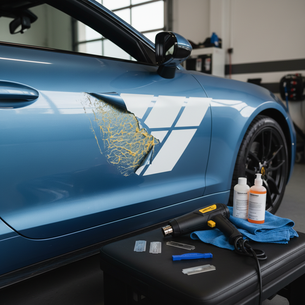 Sticker residue on car door with removal tools laid out