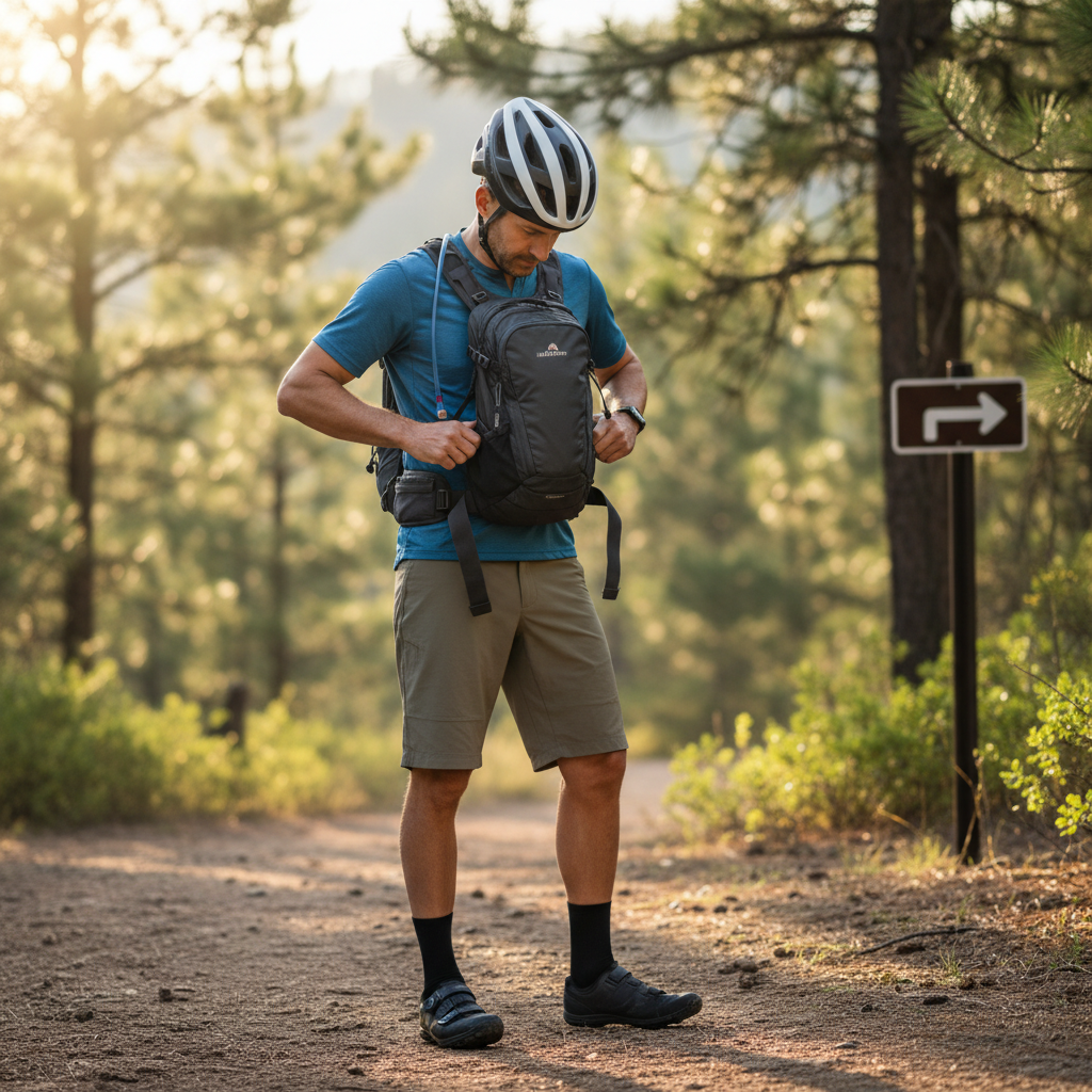 Cyclist adjusting sternum strap and hip belt after packing backpack for a cycling trip