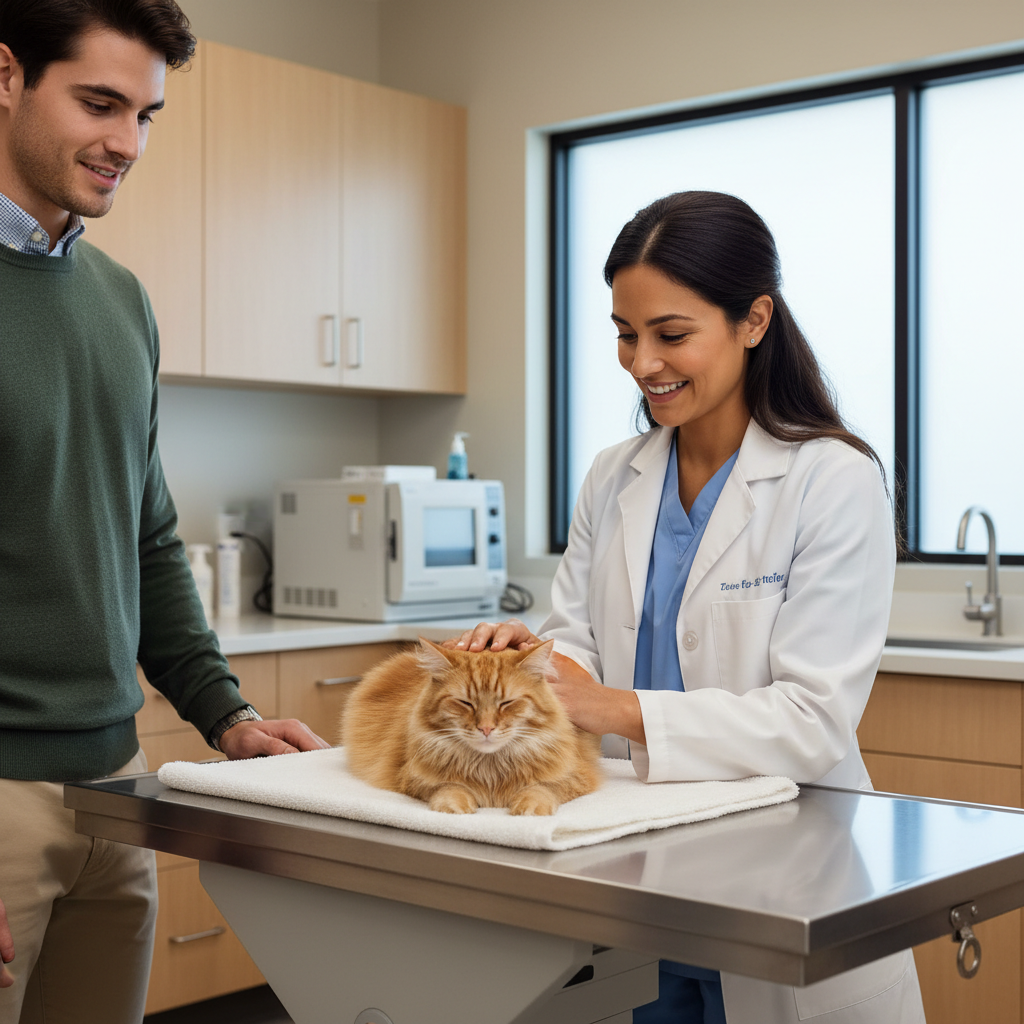 Veterinarian performing a low-stress exam on a cat using a towel on the exam table