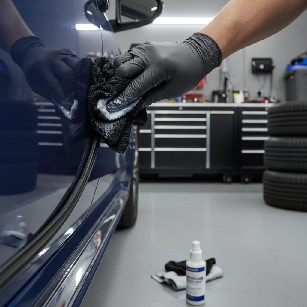 Applying silicone protectant to car door weather seals to prevent freezing