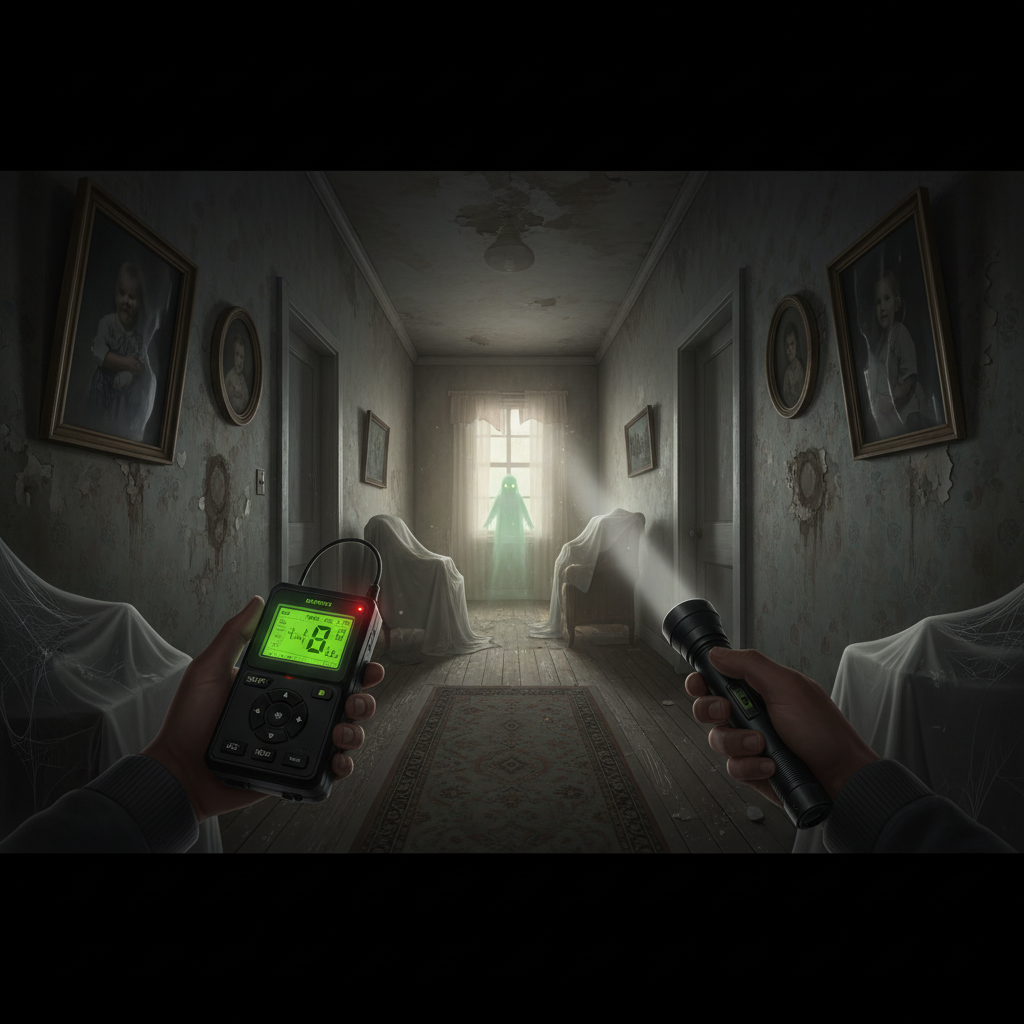 Phasmophobia VR player holding EMF reader and flashlight in a haunted house hallway