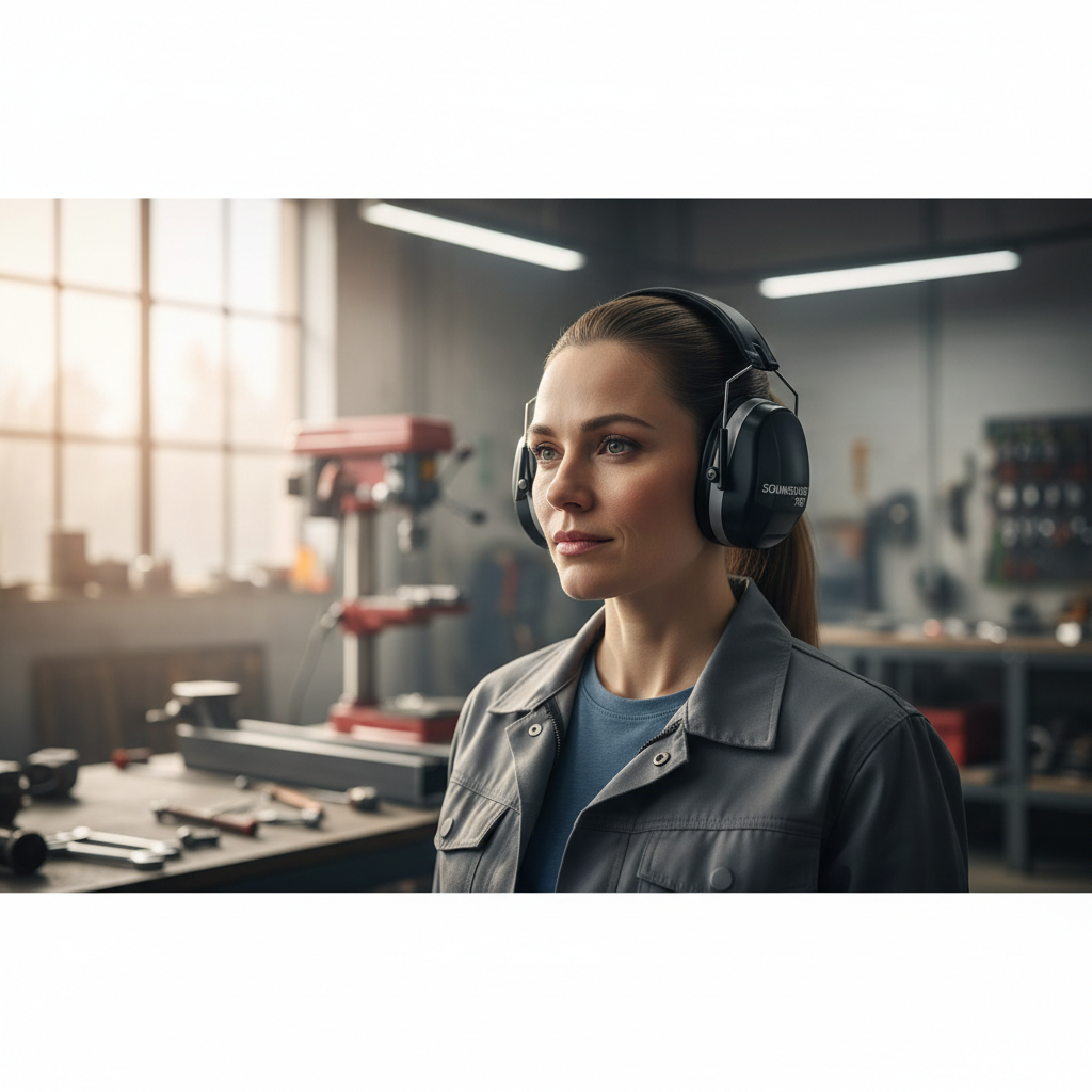 Worker wearing hearing protection ear muffs in a noisy workshop environment
