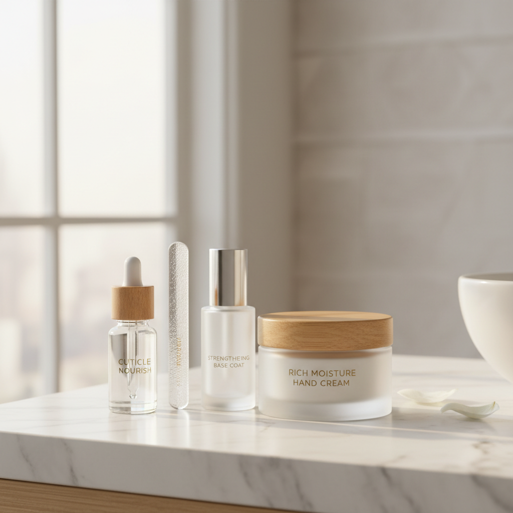 At-home nail care routine with cuticle oil, glass file, and hand cream on a clean vanity