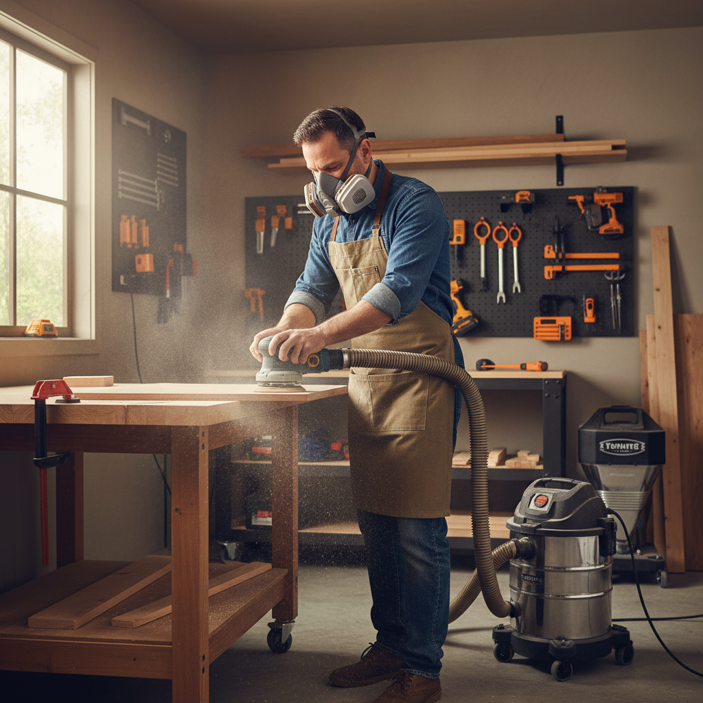 DIY woodworker sanding with a tight-sealing respirator mask in a garage workshop