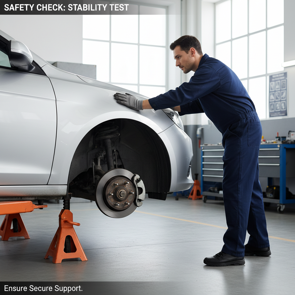 Mechanic performing a stability shake test on a car resting on jack stands