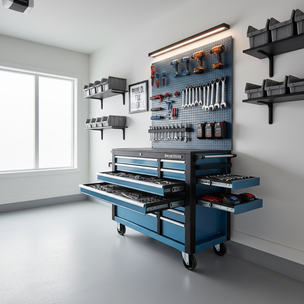 Home garage tool chest setup with organized drawers and worktop
