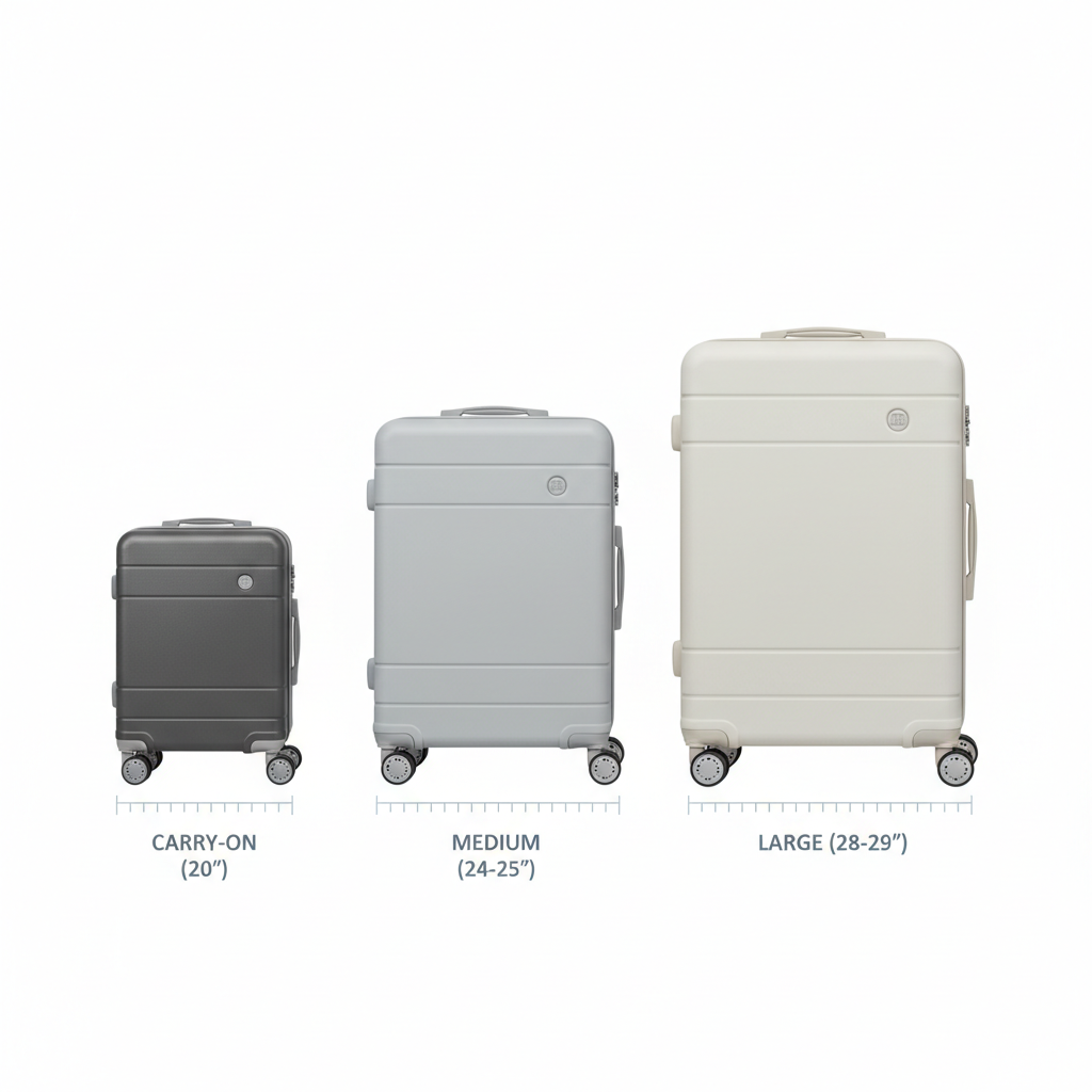 Luggage size chart with carry-on, medium, and large suitcases side by side