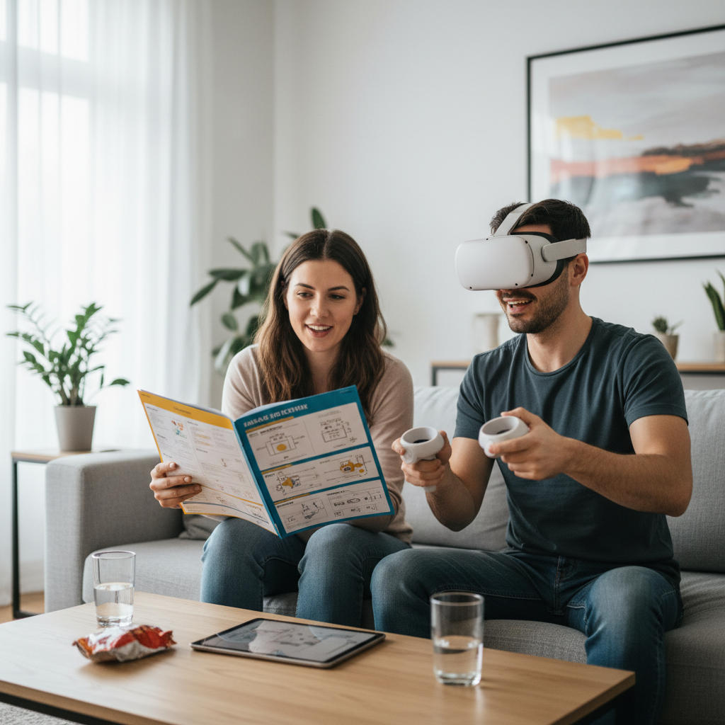 Asymmetric VR co-op setup with one player in headset and the other reading a manual